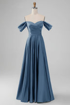HEULORIA Elegant Off-The-Shoulder Pleated Satin Gown - Sweetheart Neckline A-Line Formal Evening Dress ED-232
