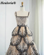 Champagne Black & Silver Sequin Square Neck Tiered Evening Dress ED-589