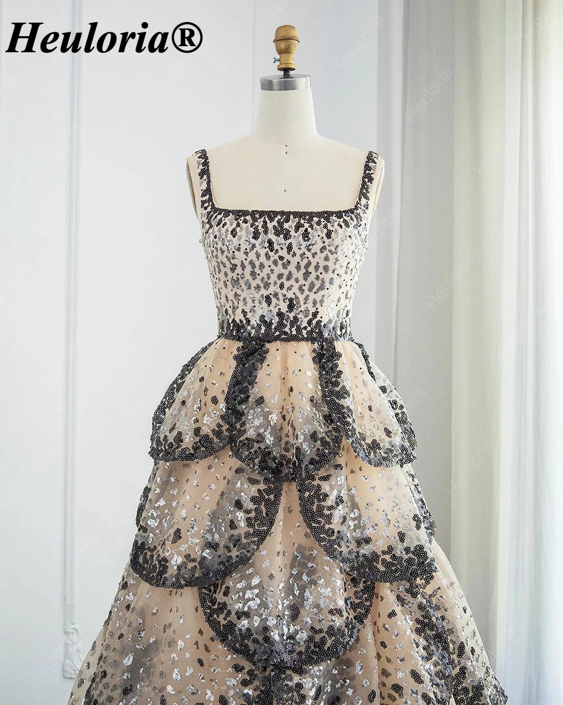 Champagne Black & Silver Sequin Square Neck Tiered Evening Dress ED-589