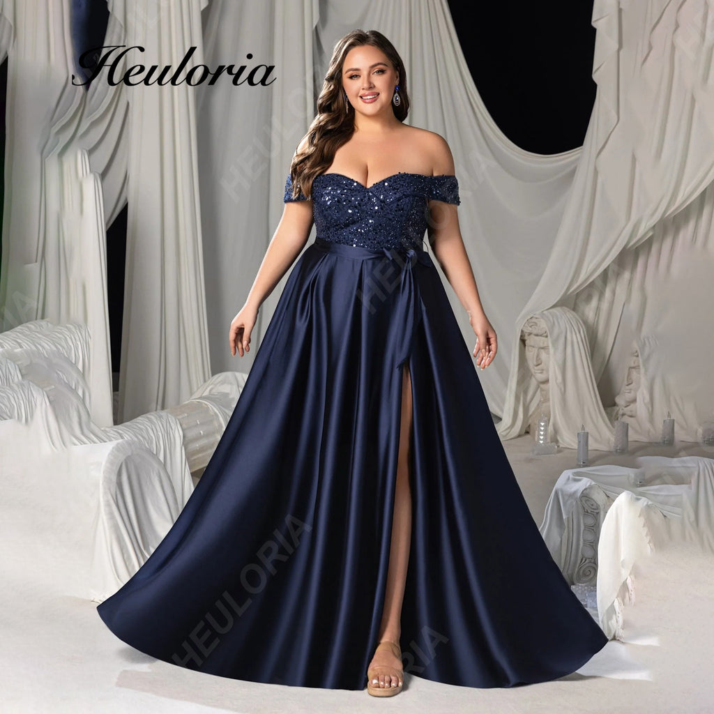 HEULORIA Plus Size Off-The-Shoulder Sequin & Satin Evening Gown with High Slit ED-382