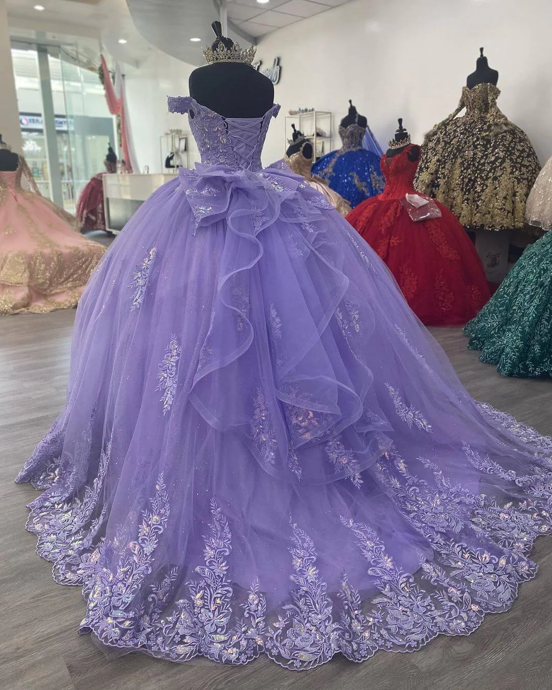 HEULORIA Ethereal Lavender Off-the-Shoulder Lace Ball Gown - Sparkling Quinceañera & Sweet 16 Dress QA-26