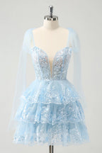 HEULORIA Sky Blue Floral Lace Tiered Mini Party Dress with Tulle Shoulder Streamers ED-593
