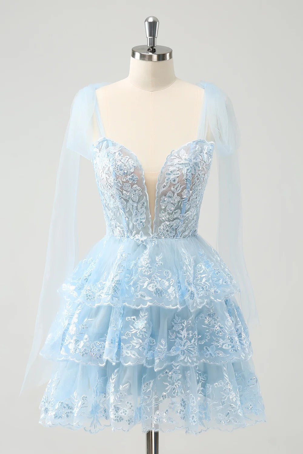 HEULORIA Sky Blue Floral Lace Tiered Mini Party Dress with Tulle Shoulder Streamers ED-593
