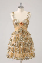 HEULORIA Sparkling Gold Tiered Sequin Mini Dress with Sweetheart Neckline and Rosette Detail ED-594