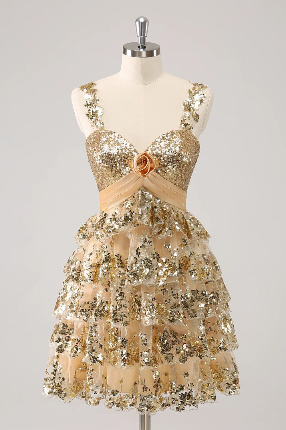 HEULORIA Sparkling Gold Tiered Sequin Mini Dress with Sweetheart Neckline and Rosette Detail ED-594