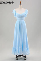 HEULORIA Sky Blue Flutter Sleeve Bridesmaid Dress with Ruffle Hem ED-542