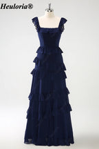 heuloria-Dark Navy Square Neck Ruffle Bridesmaid Dress-ed-556