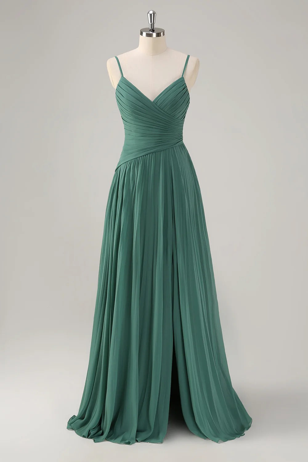 HEULORIA Eucalyptus Green Pleated Chiffon V-Neck Spaghetti Strap Floor-Length Evening Dress ED-261