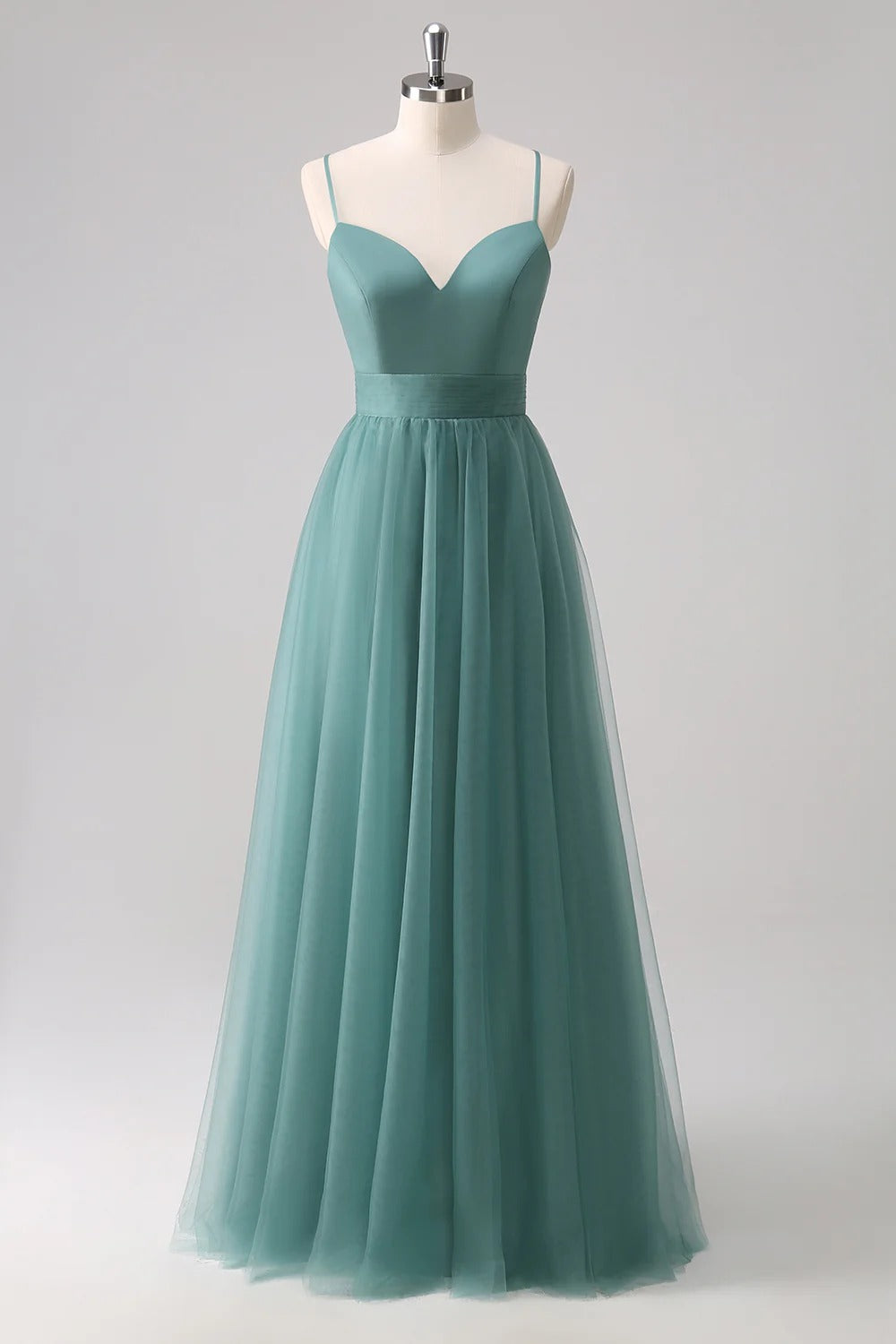 HEULORIA Eucalyptus Green Sweetheart Tulle Bridesmaid Dress with Cutout Back and Spaghetti Straps ED-247