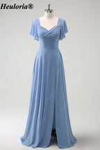 heuloria Dusty Blue Flutter Sleeve Bridesmaid Dress with Bow Back ed-528