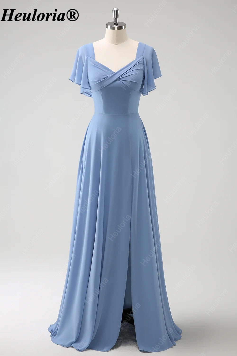 heuloria Dusty Blue Flutter Sleeve Bridesmaid Dress with Bow Back ed-528