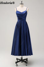 HEULORIA Navy Satin Midi Bridesmaid Dress with Pleated Bodice ED-529