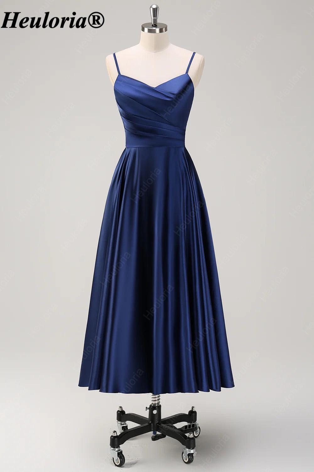 HEULORIA Navy Satin Midi Bridesmaid Dress with Pleated Bodice ED-529