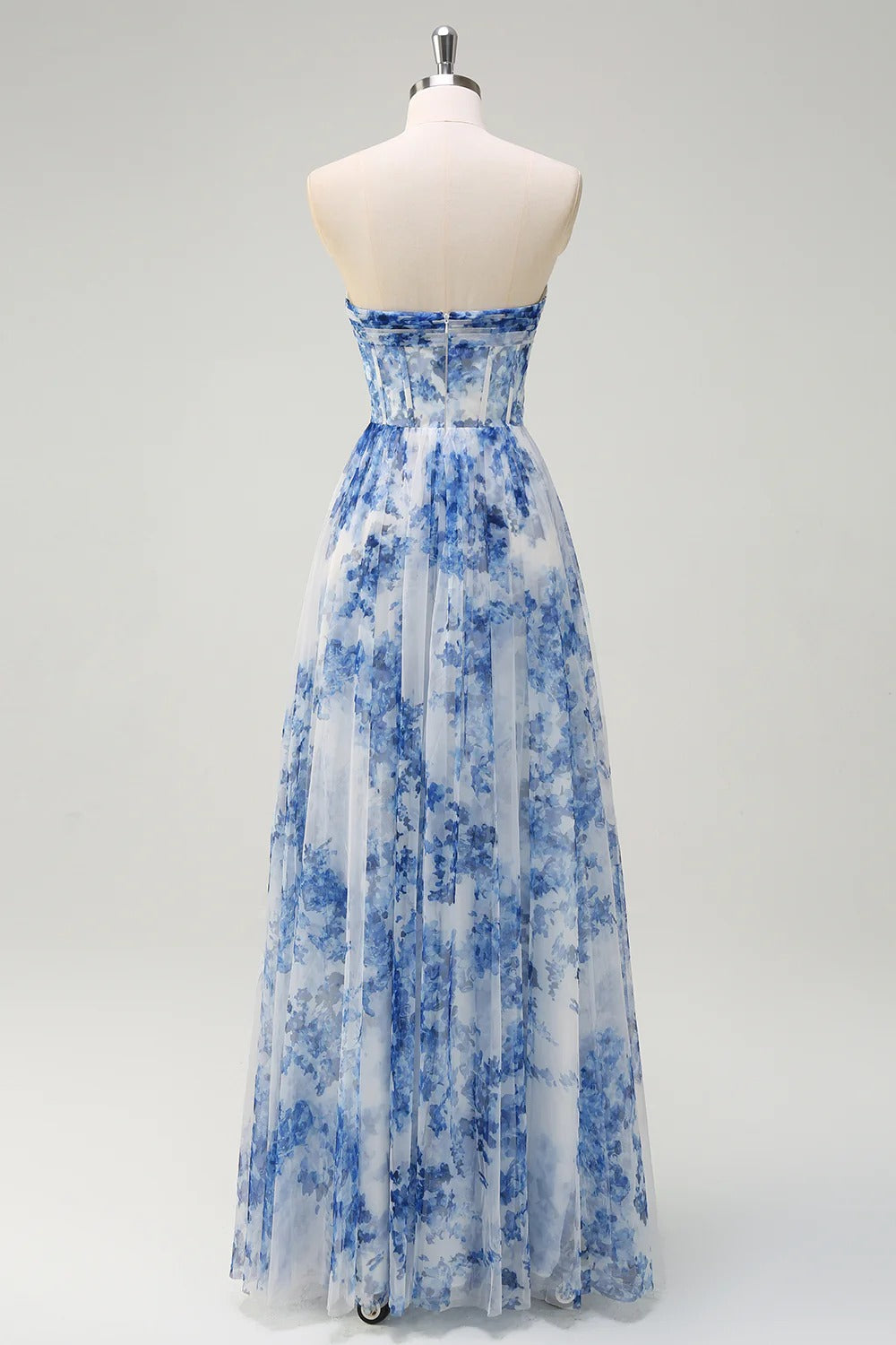 Heuloria Dreamy Blue Floral Strapless Tulle Prom Dress with High Slit and Corset Bodice ED-509