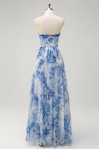 Heuloria Dreamy Blue Floral Strapless Tulle Prom Dress with High Slit and Corset Bodice ED-509
