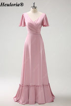 heuloria Pink V-Neck chiffon Bridesmaid Dress with Flutter Sleeves and Ruffle Hem ed-527
