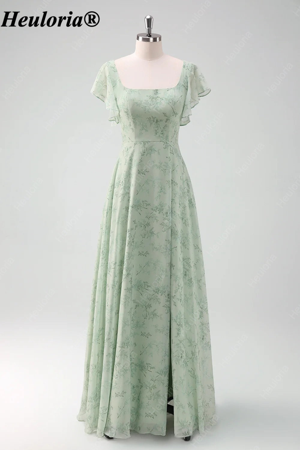 heuloria-Grey Green Floral Square Neck Flutter Sleeve Bridesmaid Dress-ed-558