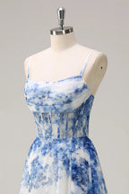 HEULORIA Blue Watercolor Floral Chiffon A-Line Prom Dress with Cowl Neck and Corset Bodice ED-511