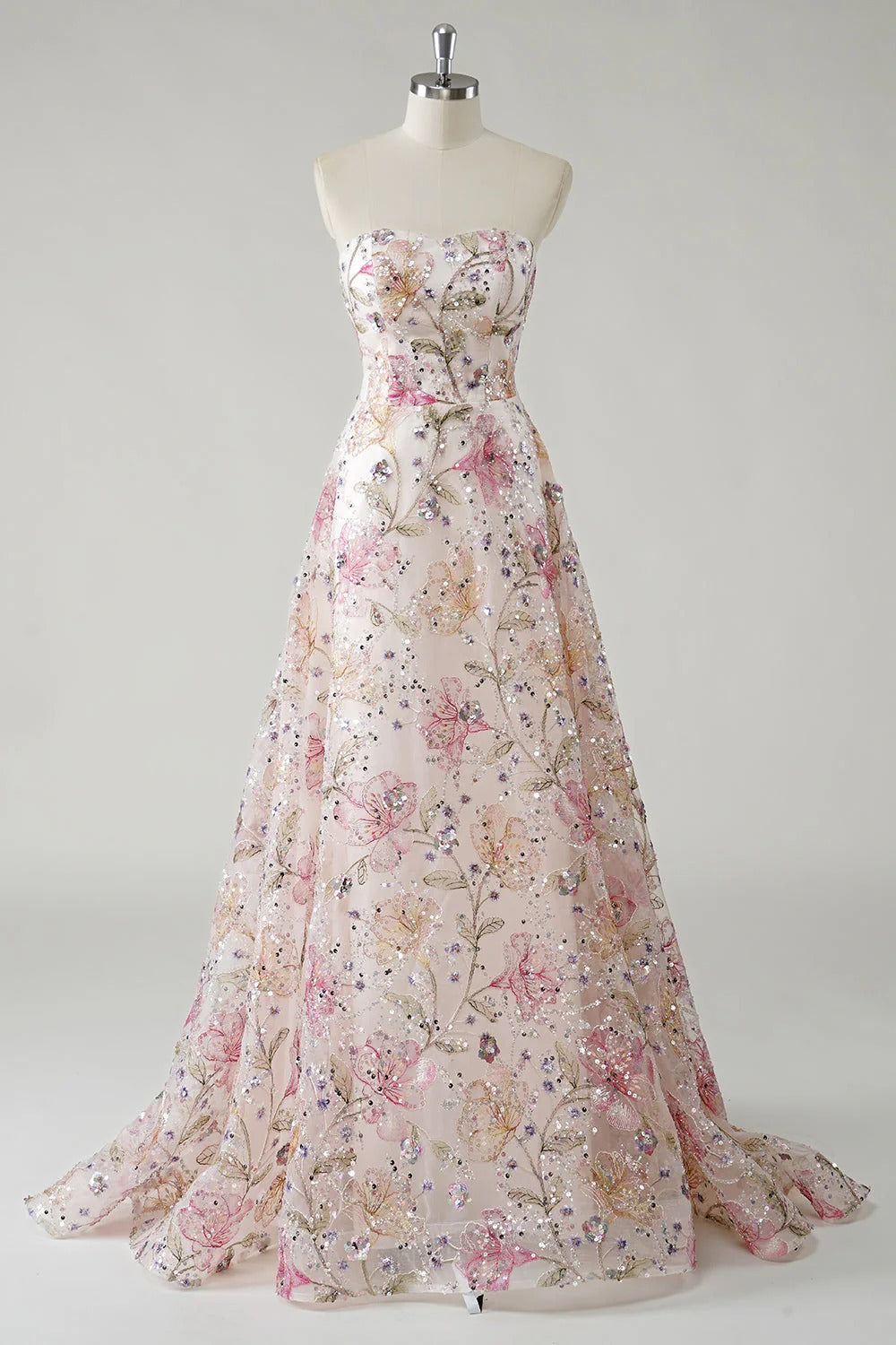 HEULORIA Enchanting Strapless Floral Embroidery Sequined A-Line Evening Gown - Romantic Prom & Wedding Guest Dress ED-643