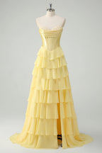 HEULORIA Strapless Corset Bodice Tiered Ruffle Evening Gown - Multi-Color prom dress ED-236
