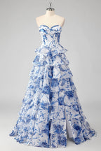 HEULORIA Vintage-Inspired Strapless Floral Gown: Sweetheart Corset Bodice Tiered Ruffle Evening Dress ED-233