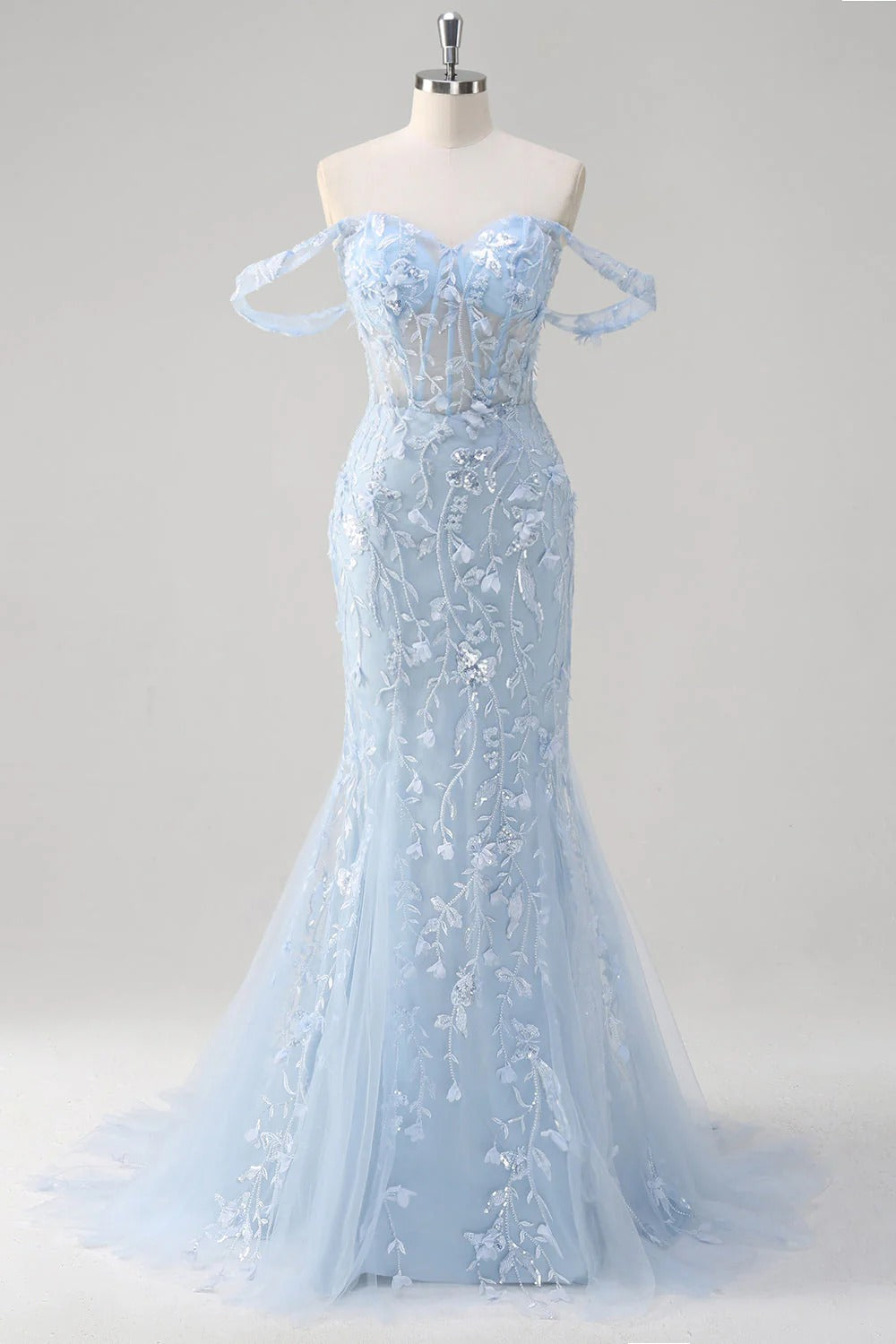 HEULORIA Enchanting Sky Blue 3D Floral Mermaid Prom Dress - Detachable Off-the-Shoulder Corset Evening Gown ED-350