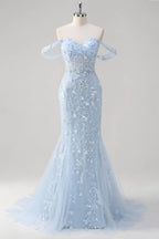 HEULORIA Enchanting Sky Blue 3D Floral Mermaid Prom Dress - Detachable Off-the-Shoulder Corset Evening Gown ED-350