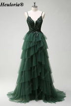 HEULORIA Dark Green Sequin Lace Tiered Tulle Prom Dress ED-576