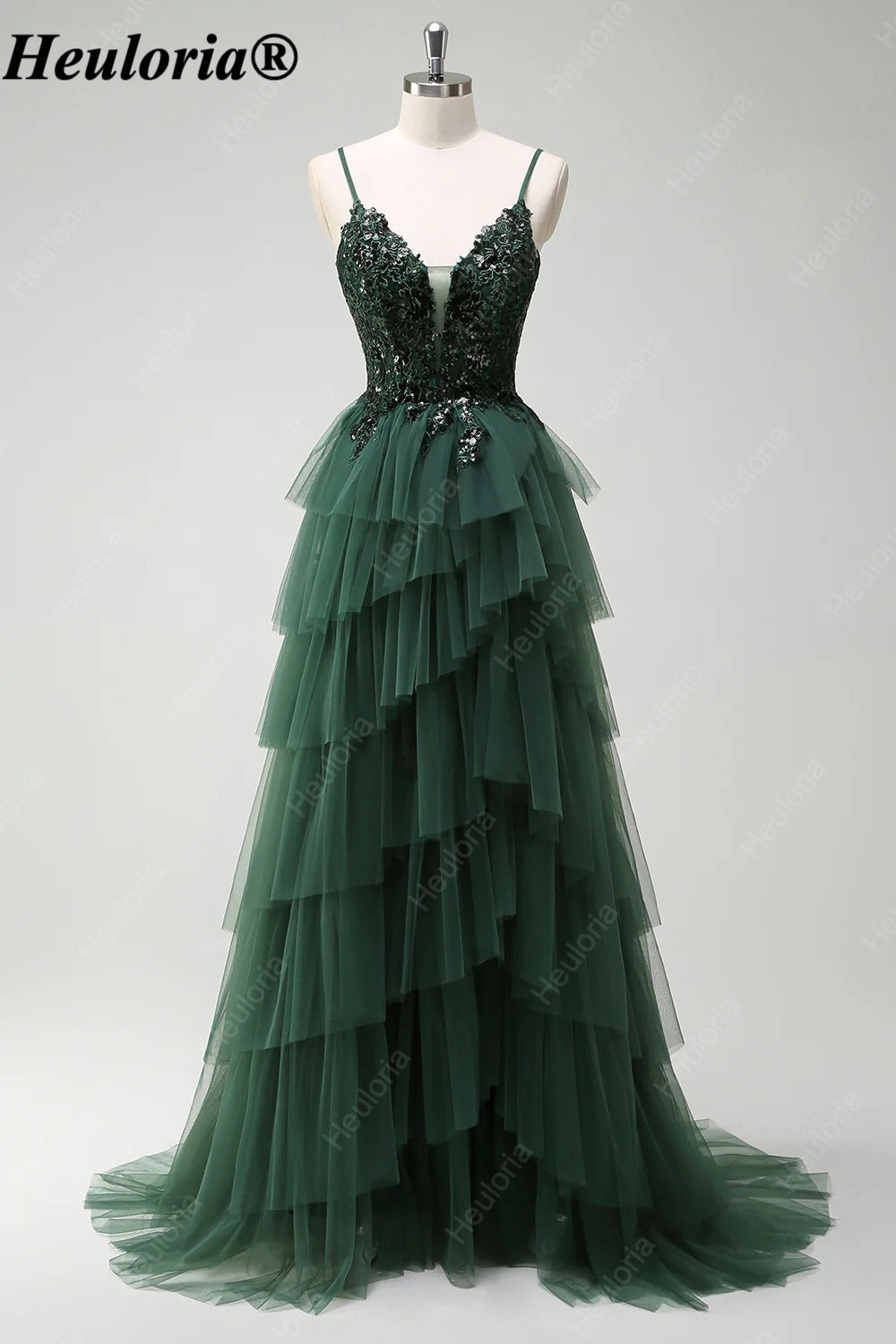 HEULORIA Dark Green Sequin Lace Tiered Tulle Prom Dress ED-576