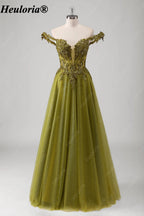 HEULORIA Olive Green Off-Shoulder Sequin Lace Tulle Prom Dress ED-574