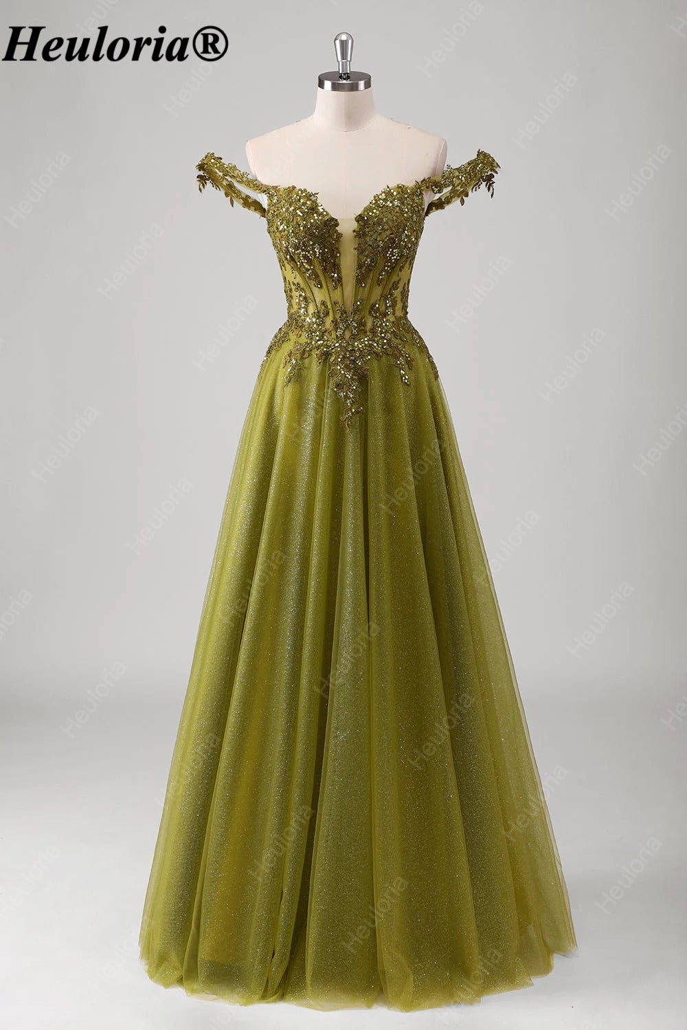 HEULORIA Olive Green Off-Shoulder Sequin Lace Tulle Prom Dress ED-574