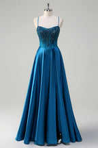 HEULORIA Luxurious Peacock Blue Beaded Evening Gown: Illusion Corset Bodice A-Line Satin Prom Dress with Lace-up Back ED-370