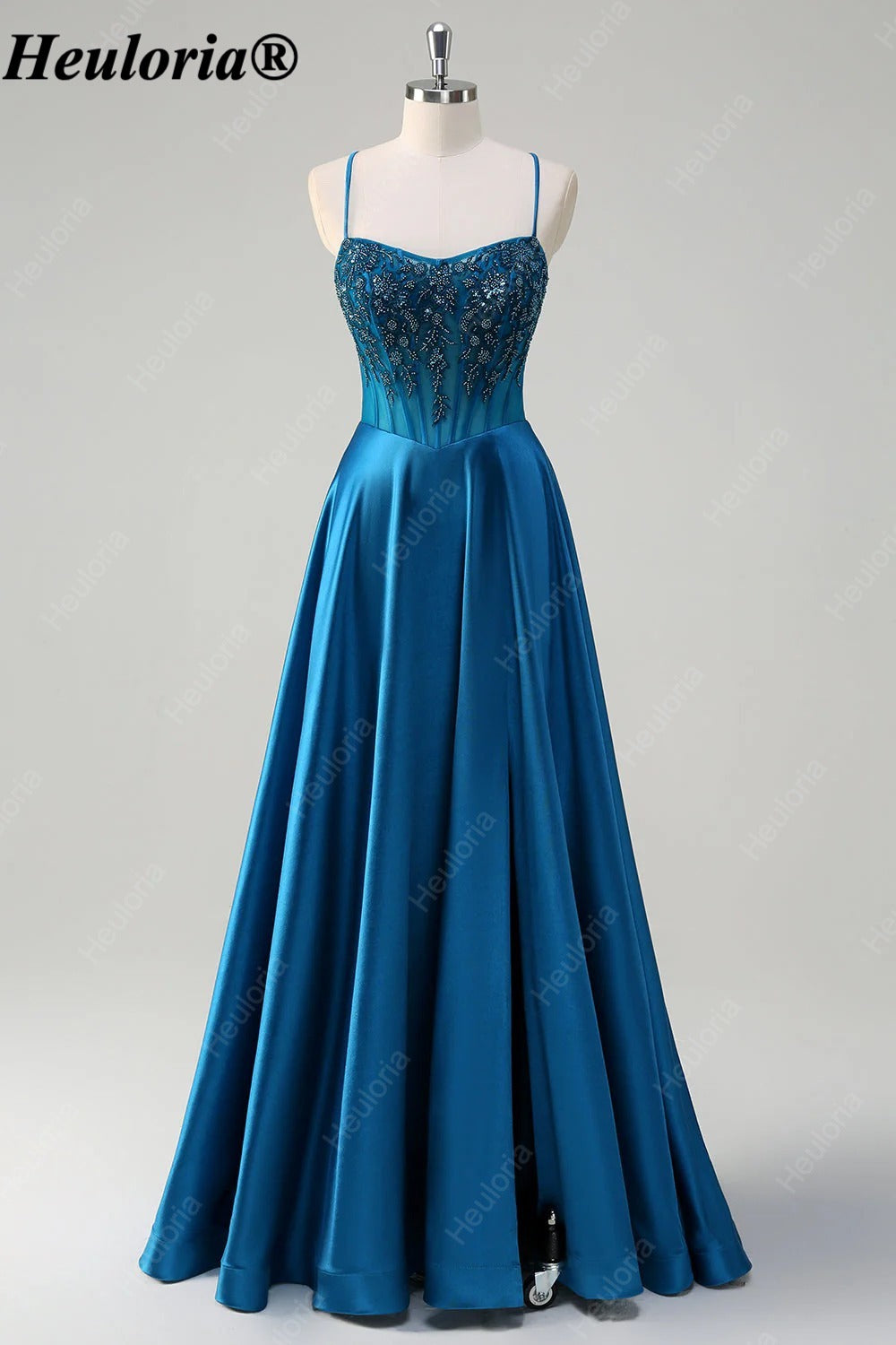 HEULORIA Peacock Blue Beaded Corset Satin A-Line Prom Dress ED-370