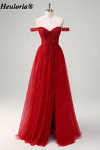 HEULORIA Red Off-the-Shoulder Lace Corset A-Line Tulle Prom Dress ED-351