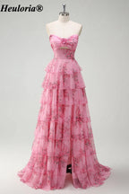 HEULORIA Blush Floral Strapless Tiered A-Line Prom Dress with Rosette ED-347