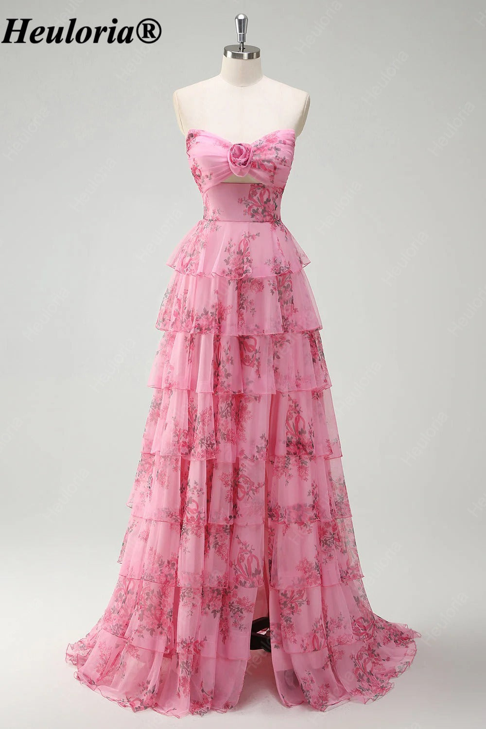 HEULORIA Blush Floral Strapless Tiered A-Line Prom Dress with Rosette ED-347