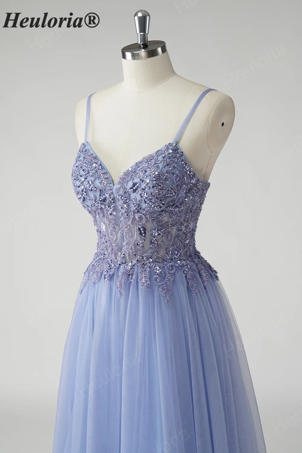 Heuloria Ethereal Beaded Lace Tulle A-Line Prom Dress with Spaghetti Straps and Illusion Bodice ED-503