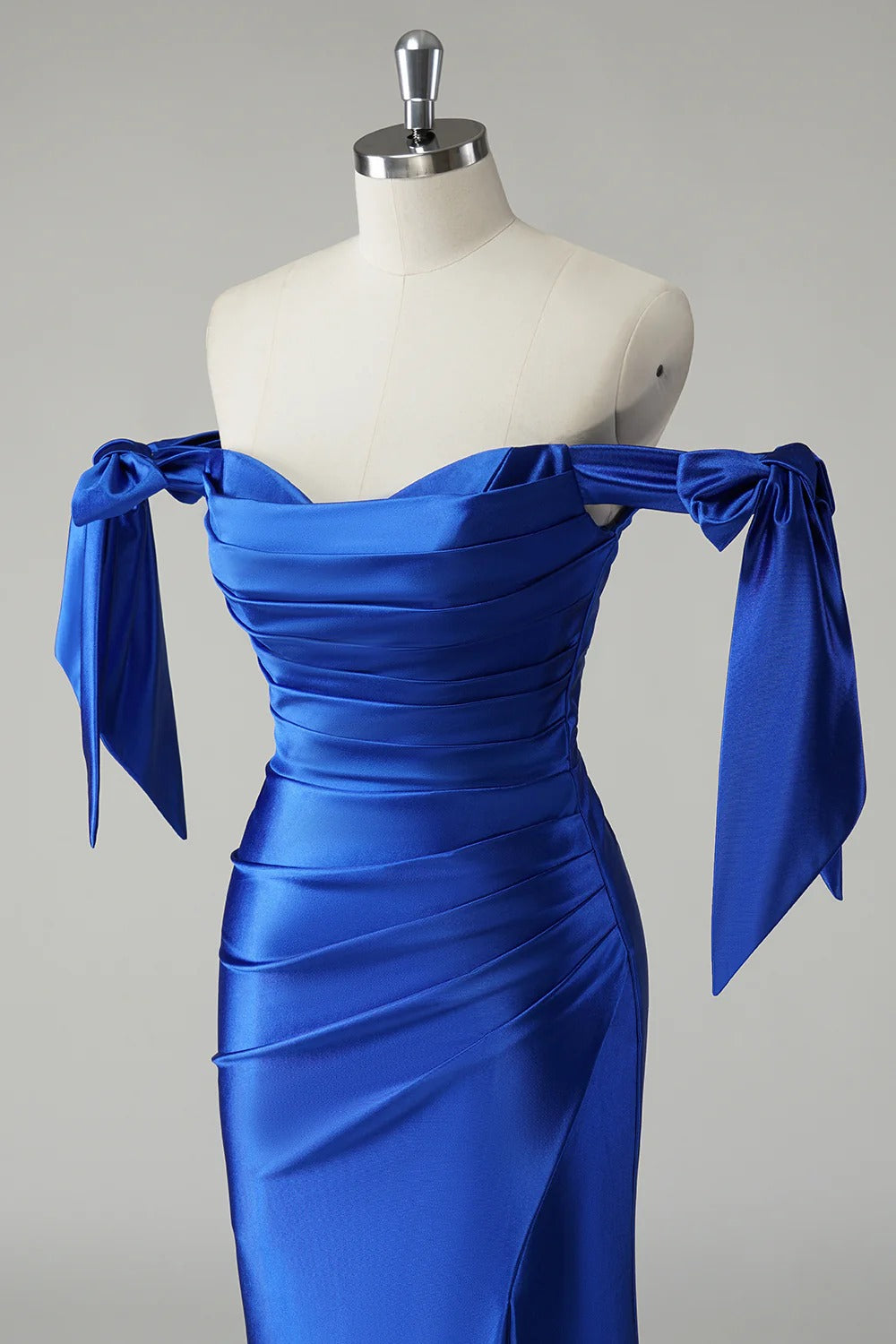 HEULORIA Elegant Royal Blue Off-the-Shoulder Satin Mermaid Evening Dress with High Slit and Bow Knots ED-504