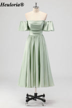 HEULORIA Sage Green Off-Shoulder Satin Tea-Length Bridesmaid Dress ED-541