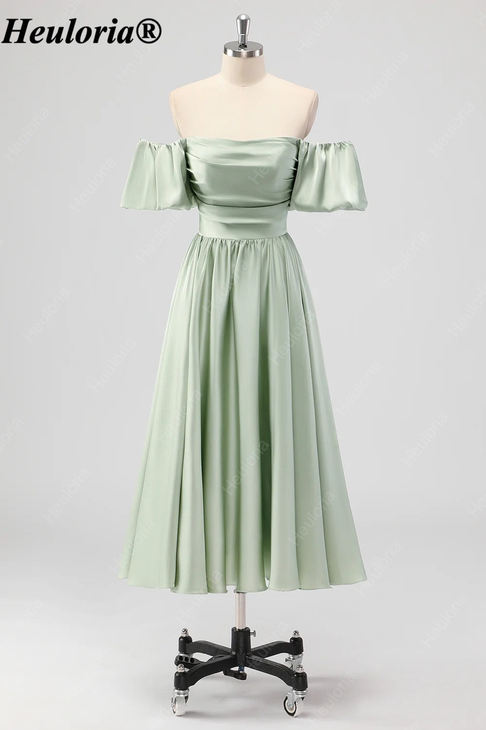 HEULORIA Sage Green Off-Shoulder Satin Tea-Length Bridesmaid Dress ED-541