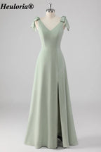 heuloria Sage Green V-Neck Bridesmaid Dress with Bow Shoulders and Slit ed-531