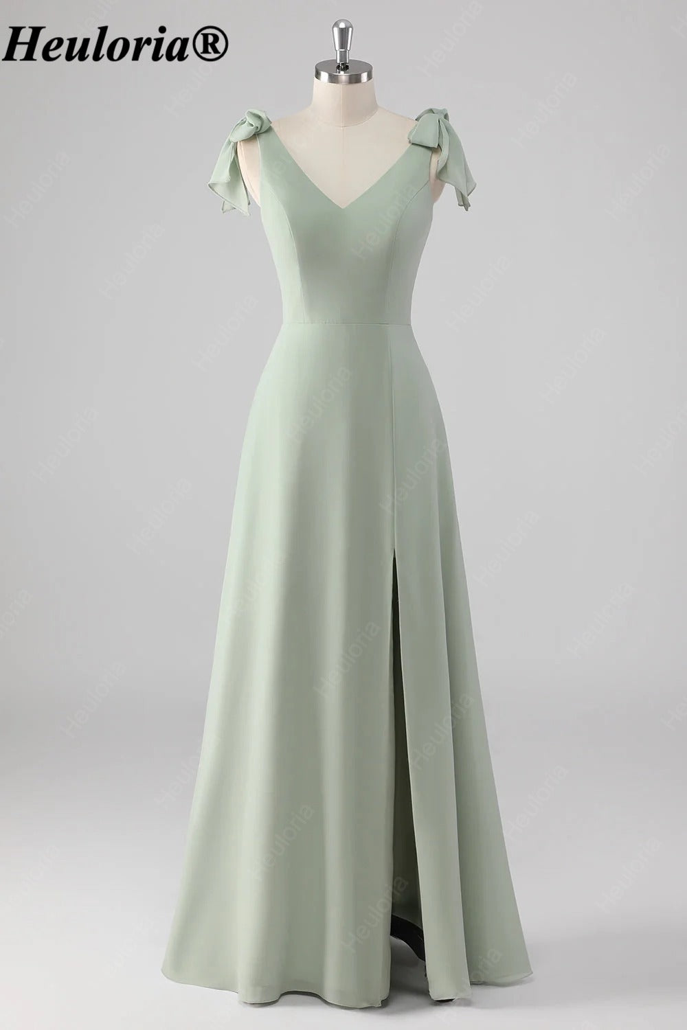 heuloria Sage Green V-Neck Bridesmaid Dress with Bow Shoulders and Slit ed-531