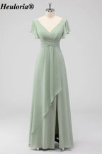 heuloria Sage Green V-Neck Flutter Sleeve Bridesmaid Dress with Draped Skirt ed-530