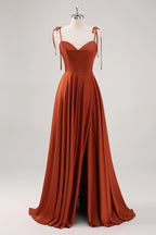 HEULORIA Rust Satin Cowl Sweetheart Maxi Dress with Tie-Shoulder Straps and Side Slit ED-249
