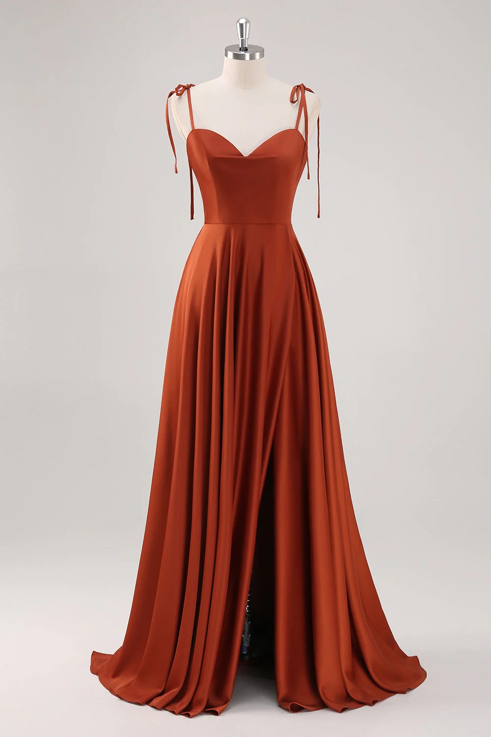 HEULORIA Rust Satin Cowl Sweetheart Maxi Dress with Tie-Shoulder Straps and Side Slit ED-249
