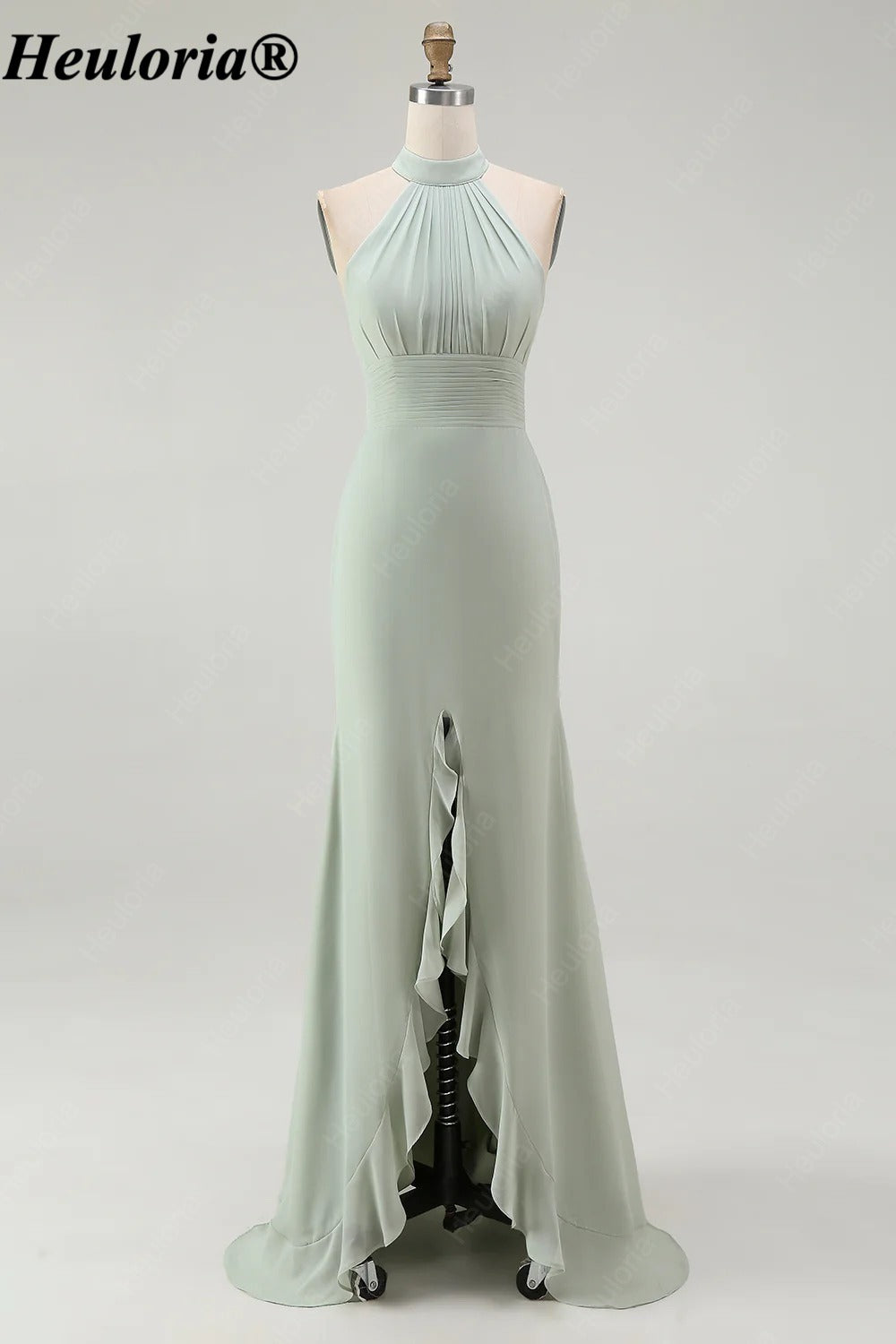 heuloria-Dusty Sage Halter Bridesmaid Dress with Ruffle Slit-ed-552