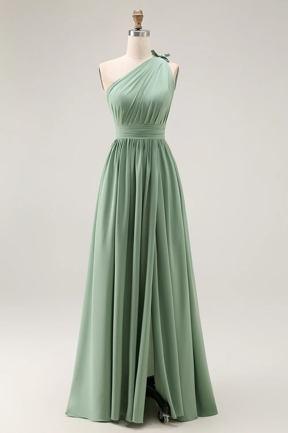HEULORIA Sage Green One-Shoulder Pleated Chiffon Floor-Length Bridesmaid & Evening Dress ED-243