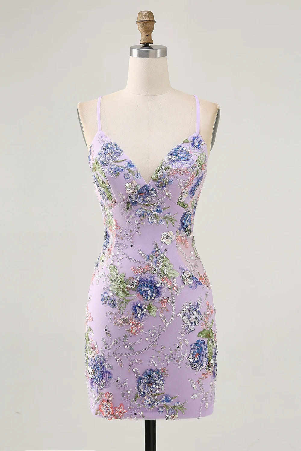 HEULORIA Floral Embroidered Sequin Bodycon Mini Dress with Sheer Mesh Cut-outs and Lace-Up Back ED-597