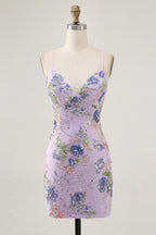 HEULORIA Floral Embroidered Sequin Bodycon Mini Dress with Sheer Mesh Cut-outs and Lace-Up Back ED-597