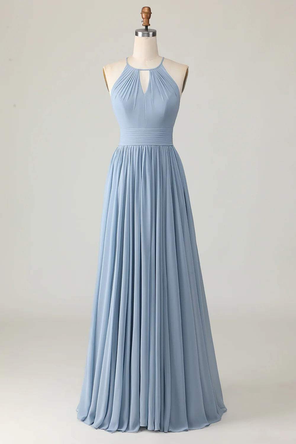 HEULORIA Dusty Blue Halter Keyhole Pleated Chiffon Bridesmaid Dress - Floor Length ED-246